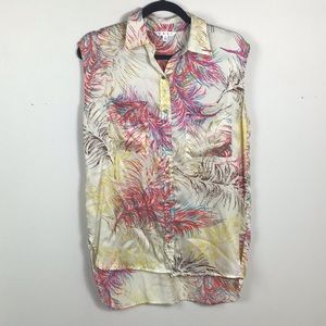 100% Silk Cabi sleeveless top button front tunic multi color feather print